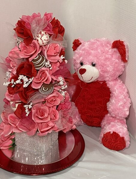 Pink/Red Chocolate Cover Strawberry Tower W/Bear